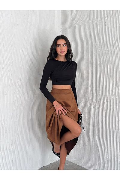 Ozy Fashion Γυναικεία Suede Tan Φούστα με φούστα