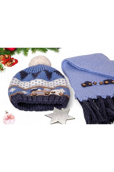 Eke Tekstil Blue Color Pompom Car Embroidered Beanie and Car Embroidered Tassel 9-15 Years Old Scarf Set