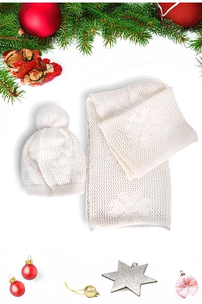 Eke Tekstil White Plain Pompom Patterned Women's Scarf and Beret Set