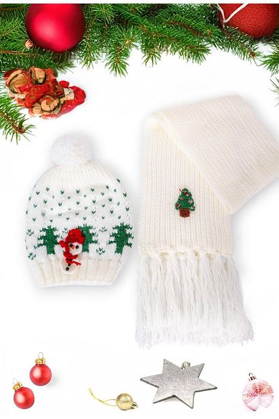 Eke Tekstil 6-12 Years Old Children's Snowman White Scarf and Beanie Set