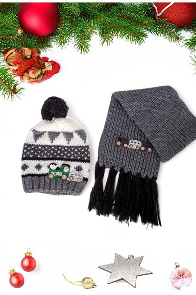 Eke Tekstil 9-15 Years Old Gray Pompom Beret and Car Embroidered Tassel Scarf Set