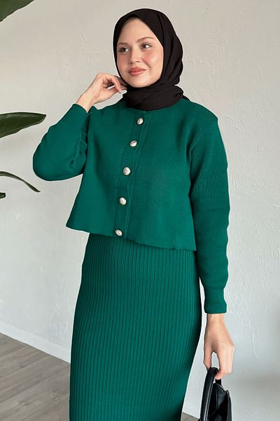 InStyle Cardigan Ribbed Double Emerald Green Knitwear Set