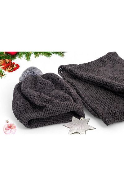 Eke Tekstil Anthracite Plain Pompom Patterned Women's Scarf and Beanie Set