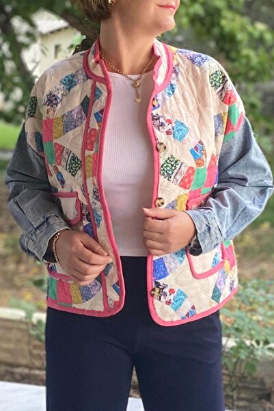 Mia Butik Kadın Krem Patchwork Desenli Ceket