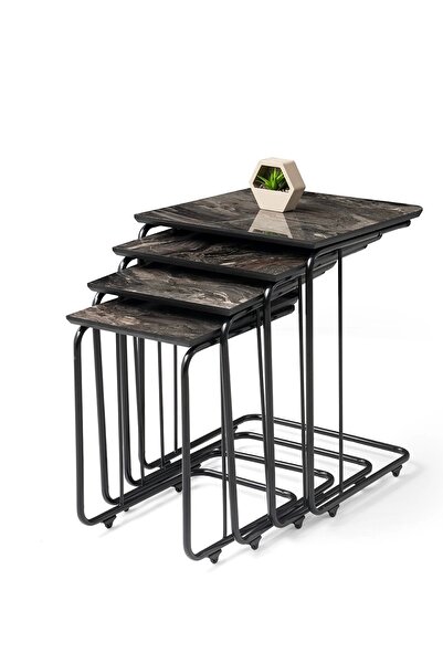 Evistro Ahşap Tekerlekli 4 lü Zigon Sehpa Siyah Metal Ayaklı Siyah Mermer