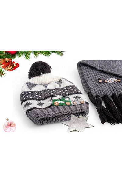 Eke Tekstil 9-15 Years Old Gray Pompom Beret and Car Embroidered Tassel Scarf Set