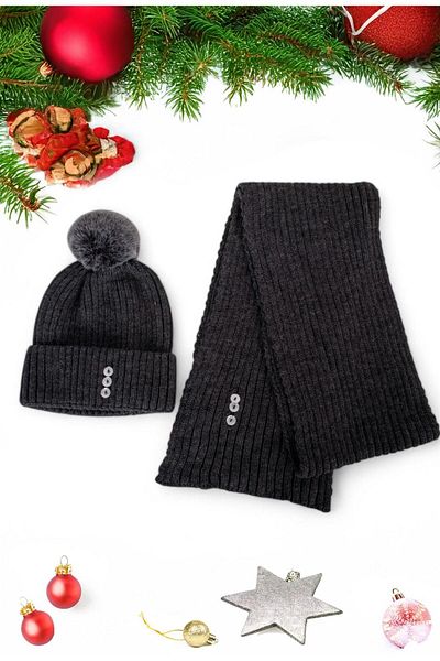 Eke Tekstil Anthracite Plain Pompom Buttoned Women's Scarf and Beanie Set