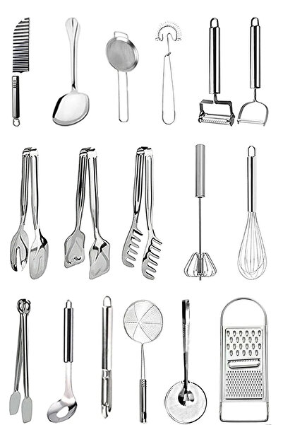 Trouvaille 17 Parça Mutfak Sunum Hazırlık Gereçleri Çırpıcı,kevgir,servis Maşa Setleri,rende Sunum Çeyiz Seti