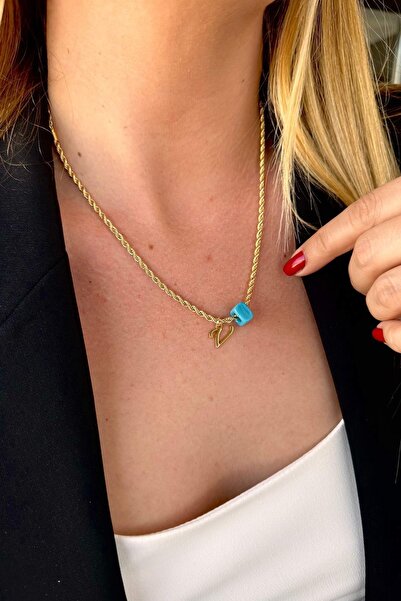 Trendy Butik V Harfli Kolye Altın Renk Burgu Zincirli Murano Cam Boncuklu Kiş...