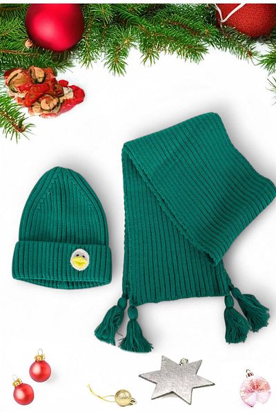 Eke Tekstil Green Duck Embroidered Children's 1-8 Years Old Scarf and Beanie Set
