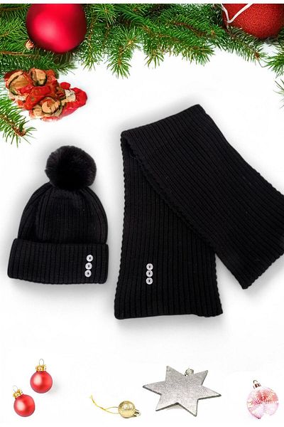 Eke Tekstil Black Plain Pompom Buttoned Women's Scarf and Beanie Set