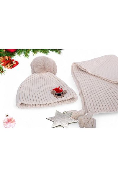 Eke Tekstil Cream Animal Embroidered 1-8 Years Old Children's Scarf and Beanie Set
