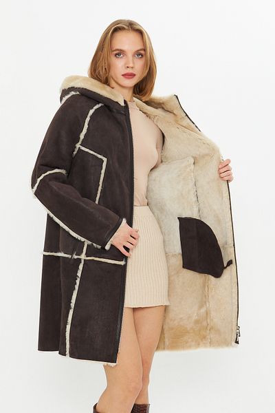 By Marki Marki Genuine Nubuck Leather Oversize Women's Coat with Hood - Fur Inside - Brown 90 cm - 113422