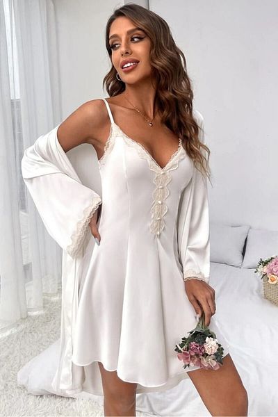 Baldomero Giyim White Satin Lace Detailed Mini Belted Dressing Gown