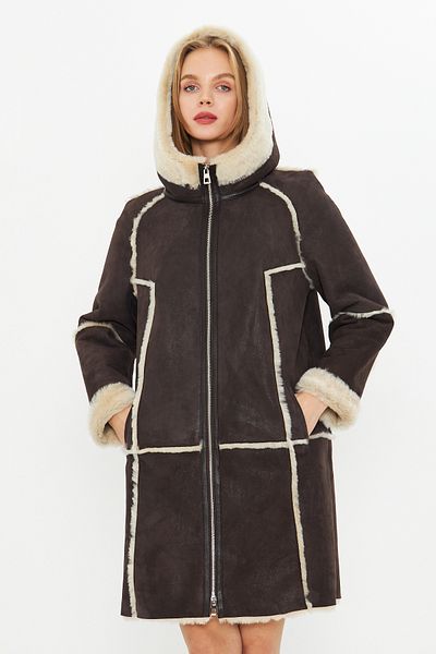 By Marki Marki Genuine Nubuck Leather Oversize Women's Coat with Hood - Fur Inside - Brown 90 cm - 113422