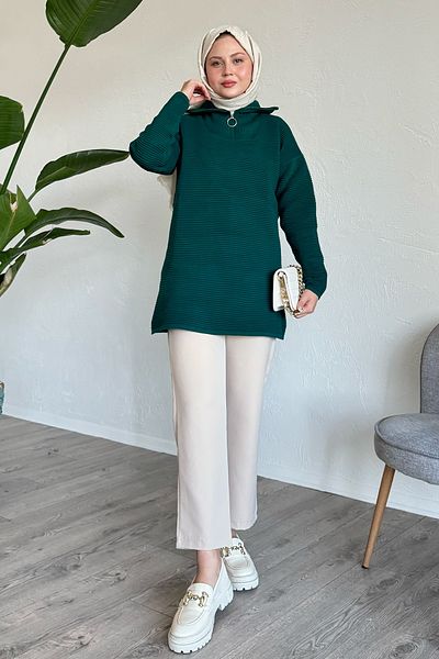 InStyle Pulover din tricot verde smarald cu nervuri subțiri