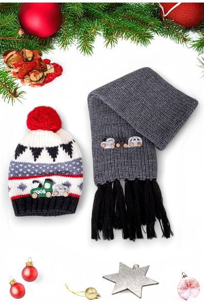 Eke Tekstil Anthracite Pompom Car Embroidered Beanie and Car Embroidered Tassel 9-15 Years Old Scarf Set