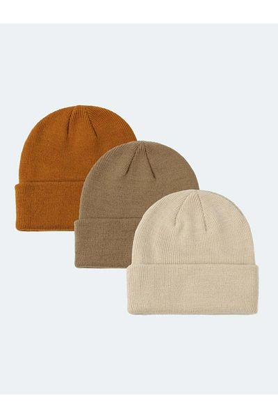 Eke Tekstil Unisex Folded Mustard, mink, stone 3-Piece Beret Set