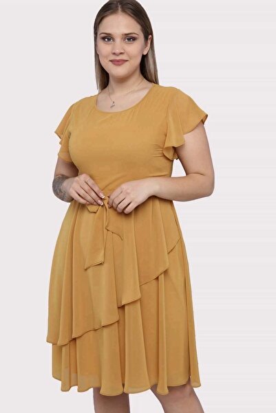 Apsen Collection Apsen 4337/110 Kadın Bisiklet Yaka Volan Detaylı Midi Büyük Beden Şifon Elbise