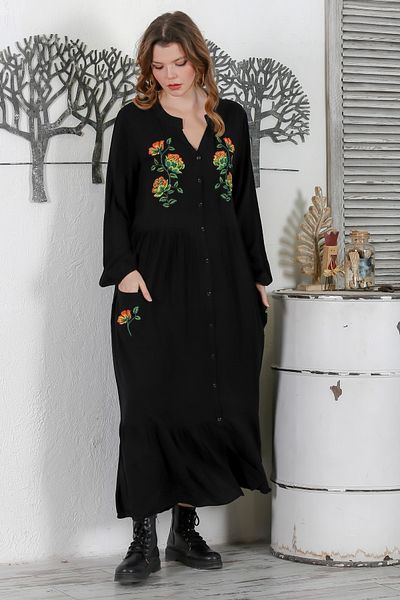Chiccy Negru Guler Judecător 3/4 Manșete Brodate Casual Oversize Tesute Rochie 140 58