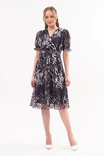 Genel Markalar Apsen Kadın Leopar Mor Desenli Kruvaze Yaka Midi Şifon Elbise ...