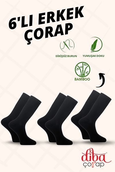 Diba Men's Black Bamboo Socks - Set of 6 Seamless