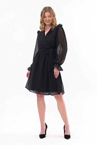 Genel Markalar Apsen Kadın Siyah Kuşak Bağlama Detaylı Kruvaze Yaka Tüllü Elbise 4295-100