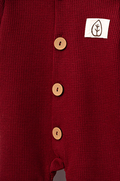 Bubito Unisex Tahta Düğme Görselli Şapkalı Waffle Şık Bebek Tulum-kırmızı