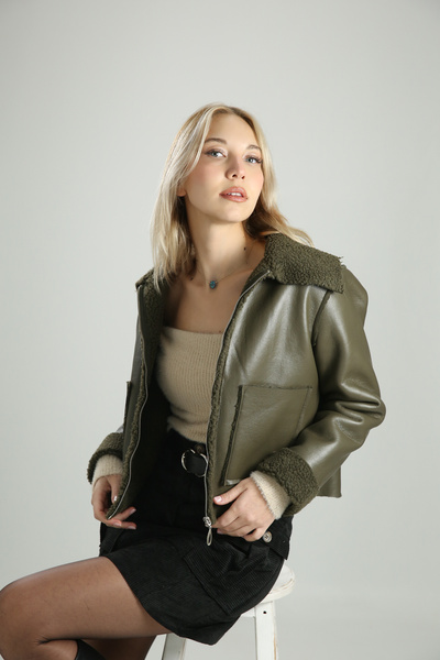 OVERTOP Kadın Lamine Deri Mont Kanguru Cepli