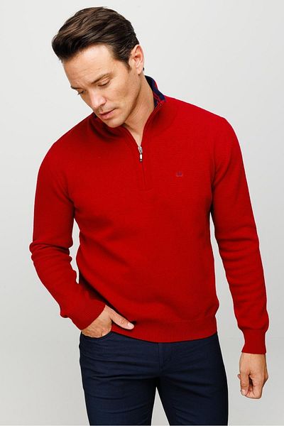 Desen Triko Men's Zipper Collar Classic Wool Sweater Red