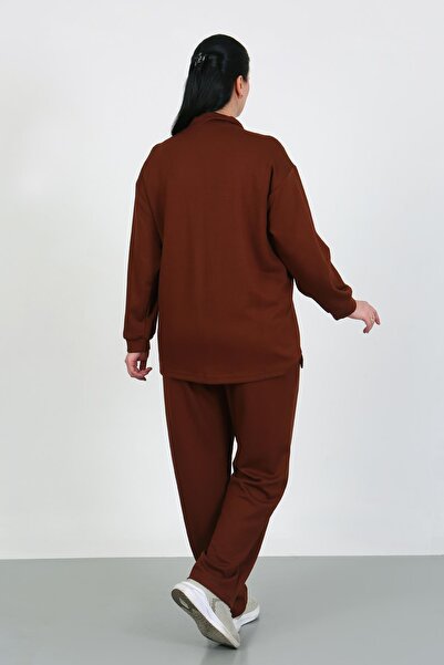 By Alba Collection Set de trening de damă, maro, cu buzunar frontal, din țesătură flexibilă