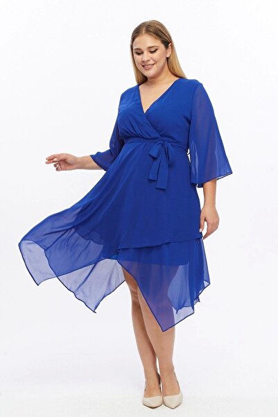 Apsen Collection Apsen Women Cobalt Double-Breasted Collar Sleeve Detail Midi...