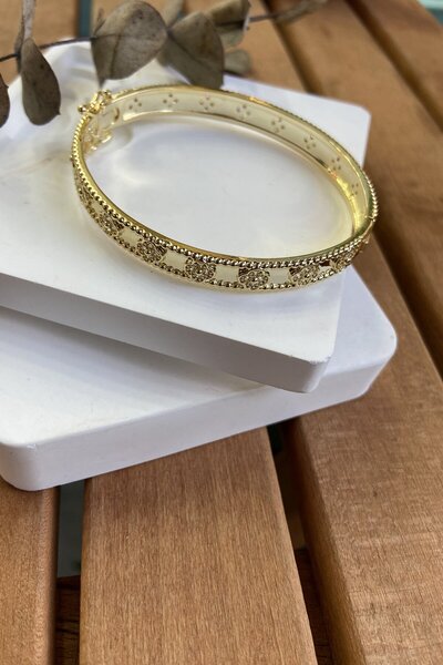 My Joyas Design 14K Altın Kaplama İnce Plaka Taşlı Yonca Bilezik