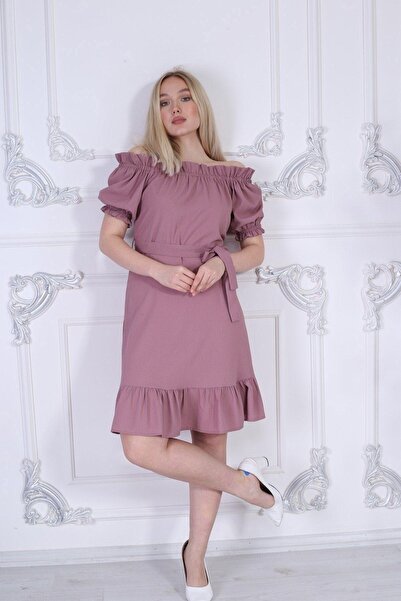 Apsen Collection Apsen Kadın Gül Kurusu Madonna Yaka Kuşak Bağlama Detaylı Mi...