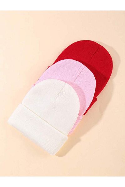 Eke Tekstil Unisex Folded Red, Pink, White 3-Piece Beret Set