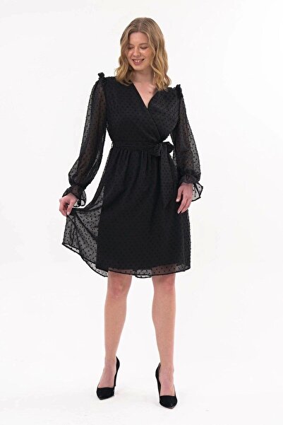 Genel Markalar Apsen Kadın Siyah Kuşak Bağlama Detaylı Kruvaze Yaka Tüllü Elbise 4295-100