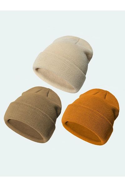 Eke Tekstil Unisex Folded Mustard, mink, stone 3-Piece Beret Set