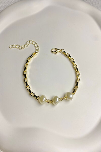 DEMOKAN Kadın Bileklik Dikdörtgen Geçme Zincir Barok İnci Bileklik