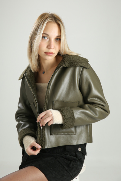 OVERTOP Kadın Lamine Deri Mont Kanguru Cepli