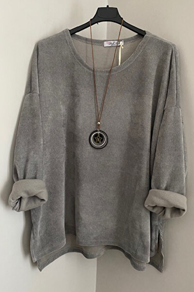 AYASOFYA OTANTIK Kadın Italyan Gri Kolye Aksesuarlı Salaş Overseize Uzun Koll...