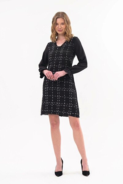 Genel Markalar Apsen Kadın Siyah Şifon Kol DetaylıTüvit Kışlık Midi Elbise 44...