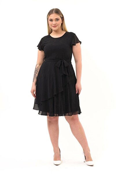 Genel Markalar Apsen Kadın Siyah Volan Detaylı Midi Büyük Beden Şifon Elbise ...