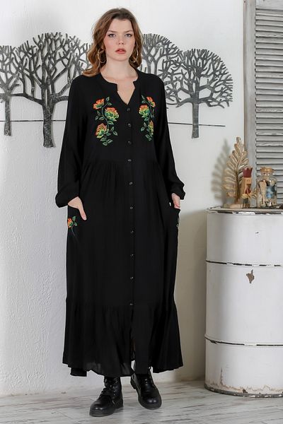 Chiccy Negru Guler Judecător 3/4 Manșete Brodate Casual Oversize Tesute Rochie 140 58