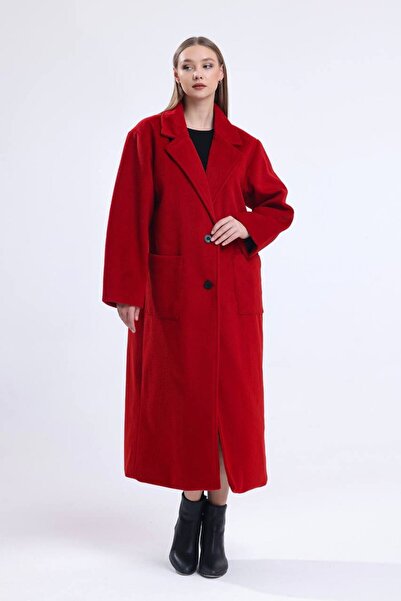 HANIQA Kadın Astarsız Kırmızı Kaşe Kaban - 120cm