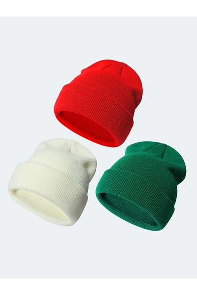 Eke Tekstil Unisex Folded Red, green, white 3-Piece Beret Set