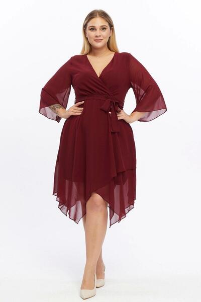 morise Apsen Dámske bordové šifónové šaty s dvojitým golierom a detailmi na r...