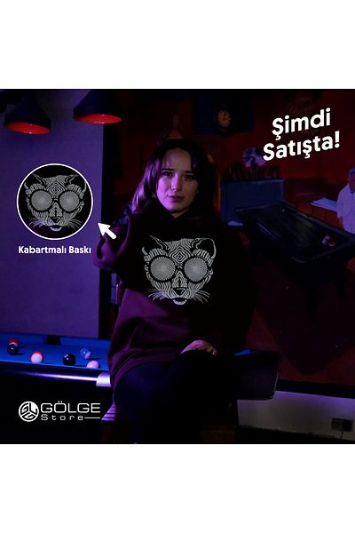 Gölge Store Мъжки и женски суитшърт - релефен с котка, с качулка