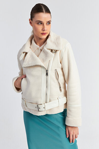 Ecrou Women's Stone Fur Zippered Faux Leather Crop Coat with Six Belts