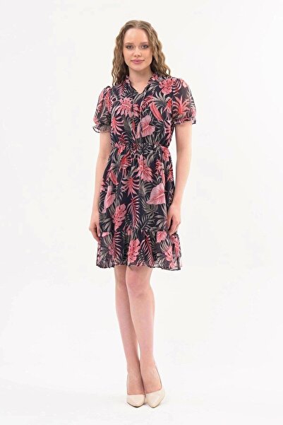 apsen فستان شيفون ميدي أسود بياقة مكشكشة وربطة عنق للنساء 4432-100