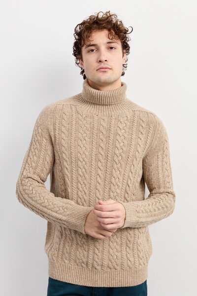 Desen Triko Men's Turtleneck Braided Wool Sweater Dark Beige